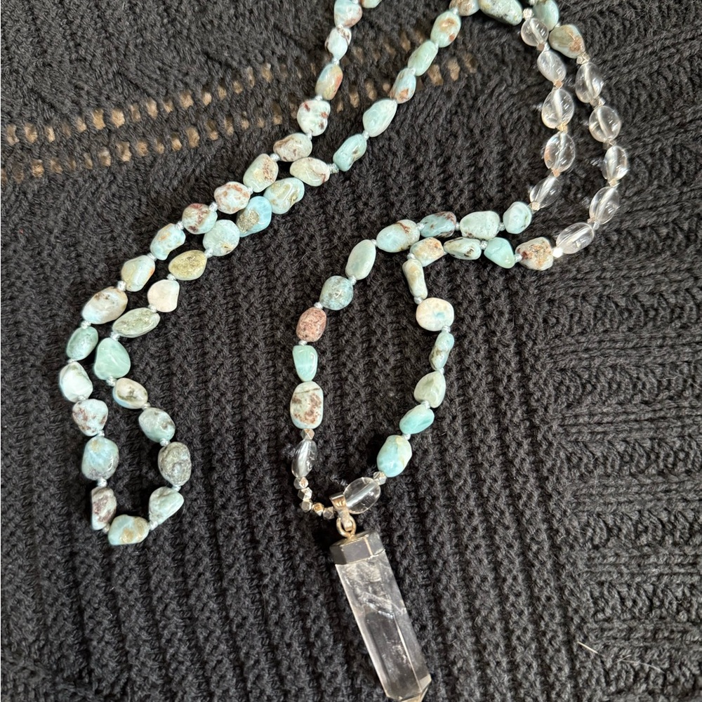 Elegant Larimar Beaded Necklace with Crystal Pendant